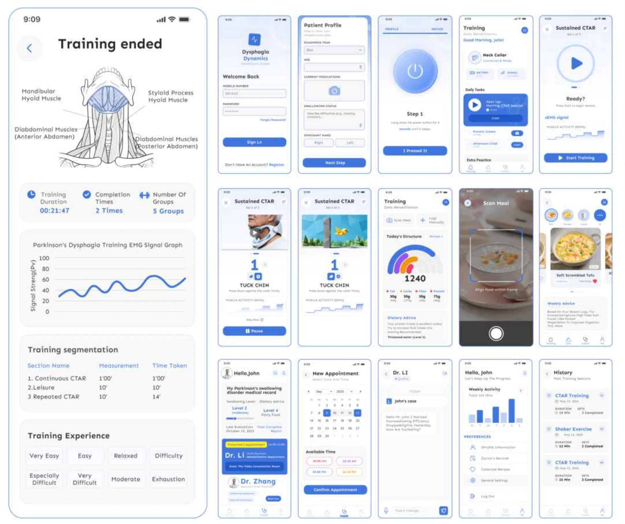 Patient-facing screens and interface structure.