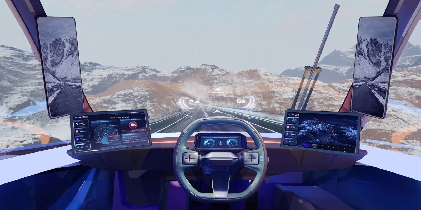 Original Plateau Ark cockpit visualisation looking towards a mountain road, with the centre and side displays visible