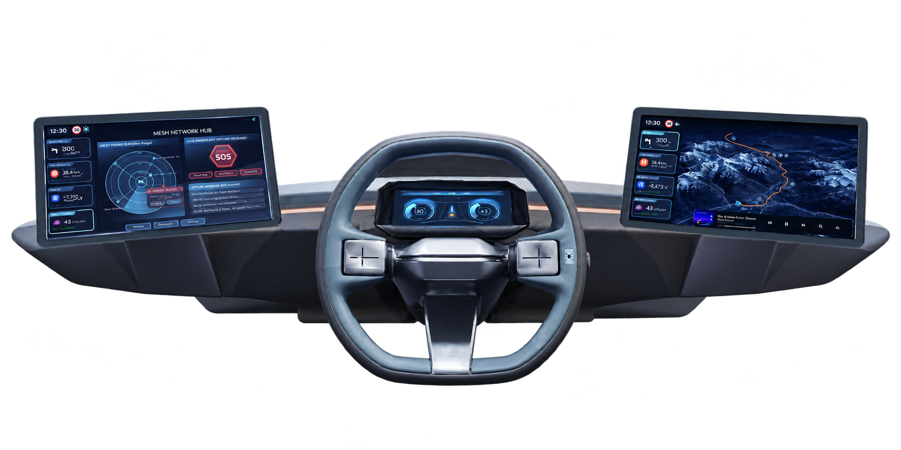 Plateau Ark dashboard, steering wheel and screen assembly isolated from the final cockpit render
